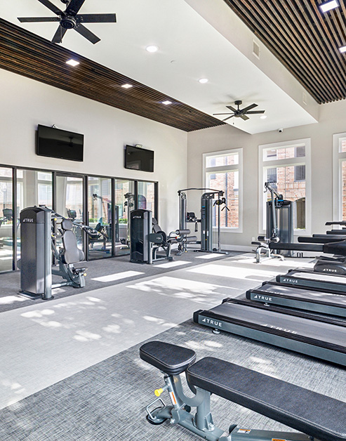 Upscale fitness center with stylish wood slats ceiling with fans, large windows and various exercise machines at MAA Grand Cypress luxury apartments in Cypress, TX