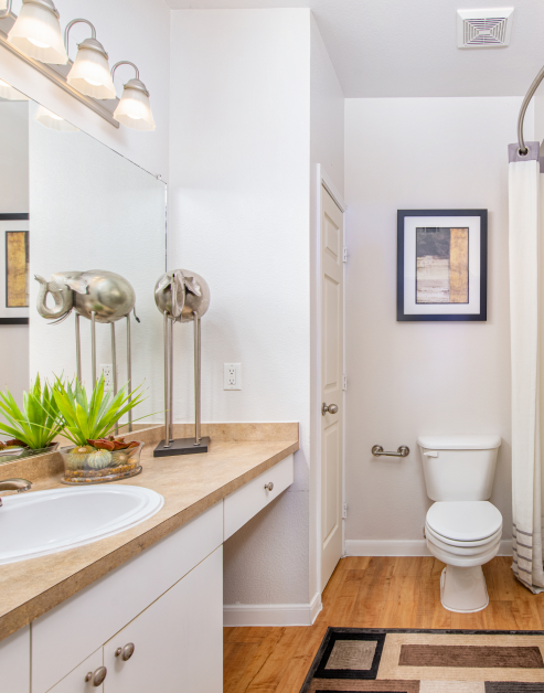 Stylish modern bathroom with light fixtures above large vanity mirror and light brown countertop with a sink and white cabinets on wood floors at MAA Legacy Pines luxury apartments in Houston, TX