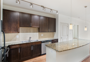 Long view of an modern open-style kitchen with dark wood cabinets, track lighting and kitchen island with granite countertops on wood floors MAA Midtown Square luxury apartments in Houston, TX