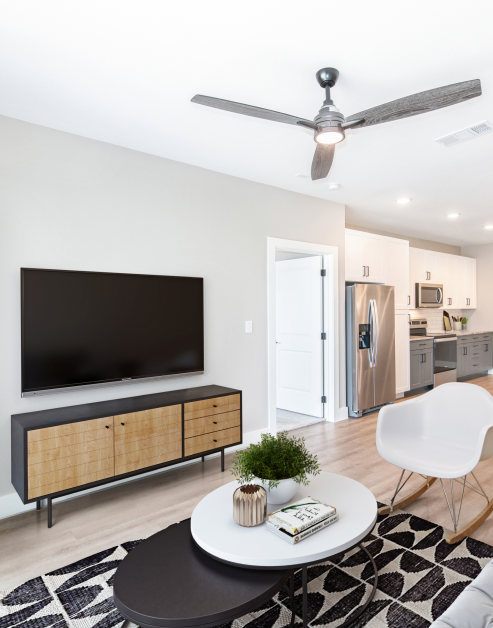 A contemporary model living room with a ceiling fan, wall-mounted TV above a wooden console cabinet next to round coffee tables on an area rug on wood floors at MAA Park Point luxury apartments in Houston, TX