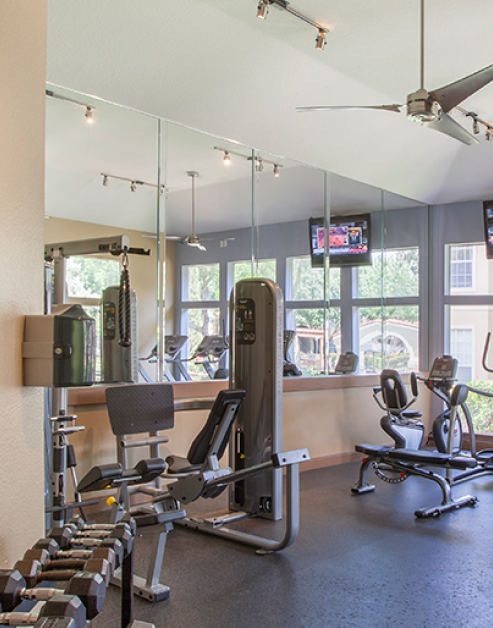 Community fitness center with variety of workout equipment and ceiling fans next to mirrored walls at MAA Ranchstone luxury apartments in Houston, TX