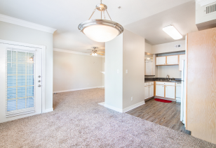 Empty carpeted living area next to the kitchen with hanging lights, ceiling fan and a French door with blinds at MAA Ranchstone luxury apartments in Houston, TX