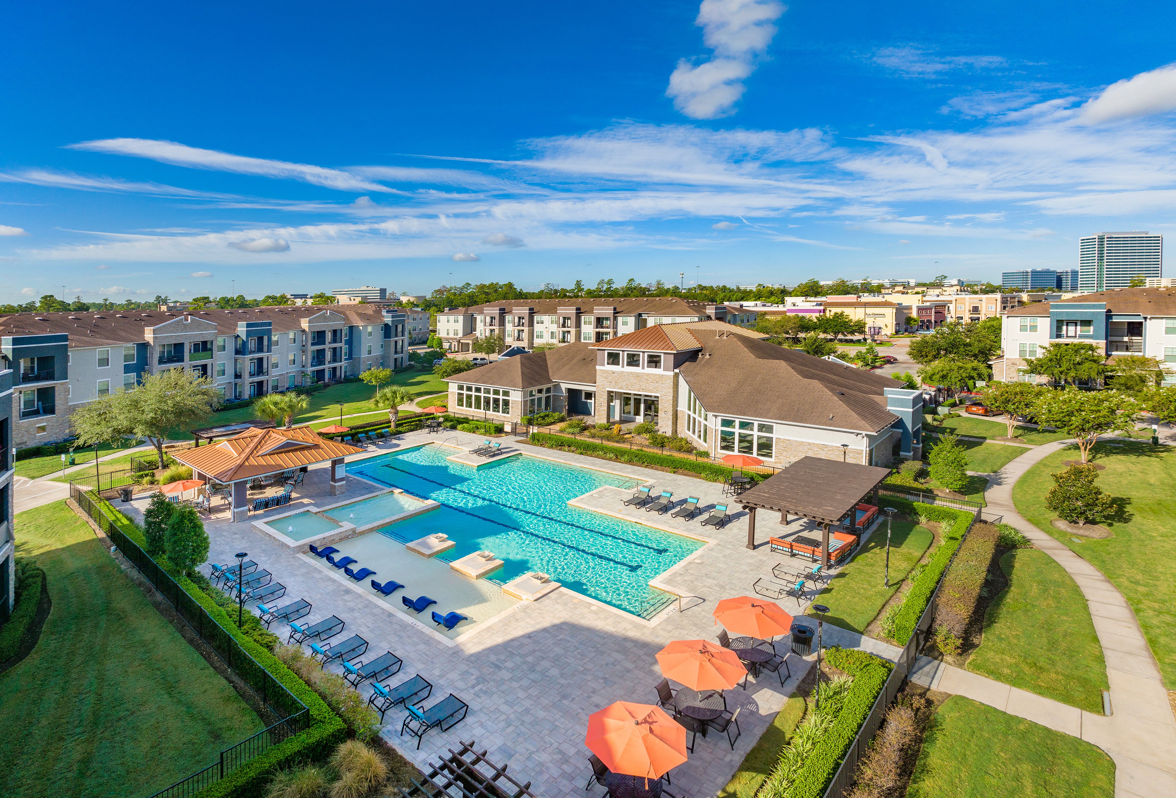 Pool aerial at MAA Vintage Park luxury apartment homes in Houston, TX