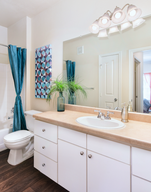 Bathroom with light fixtures above a large vanity mirror, countertop with sink and white cabinets next to a bathtub with shower curtains on wood floors at MAA Haven at Blanco luxury apartments in the San Antonio, TX