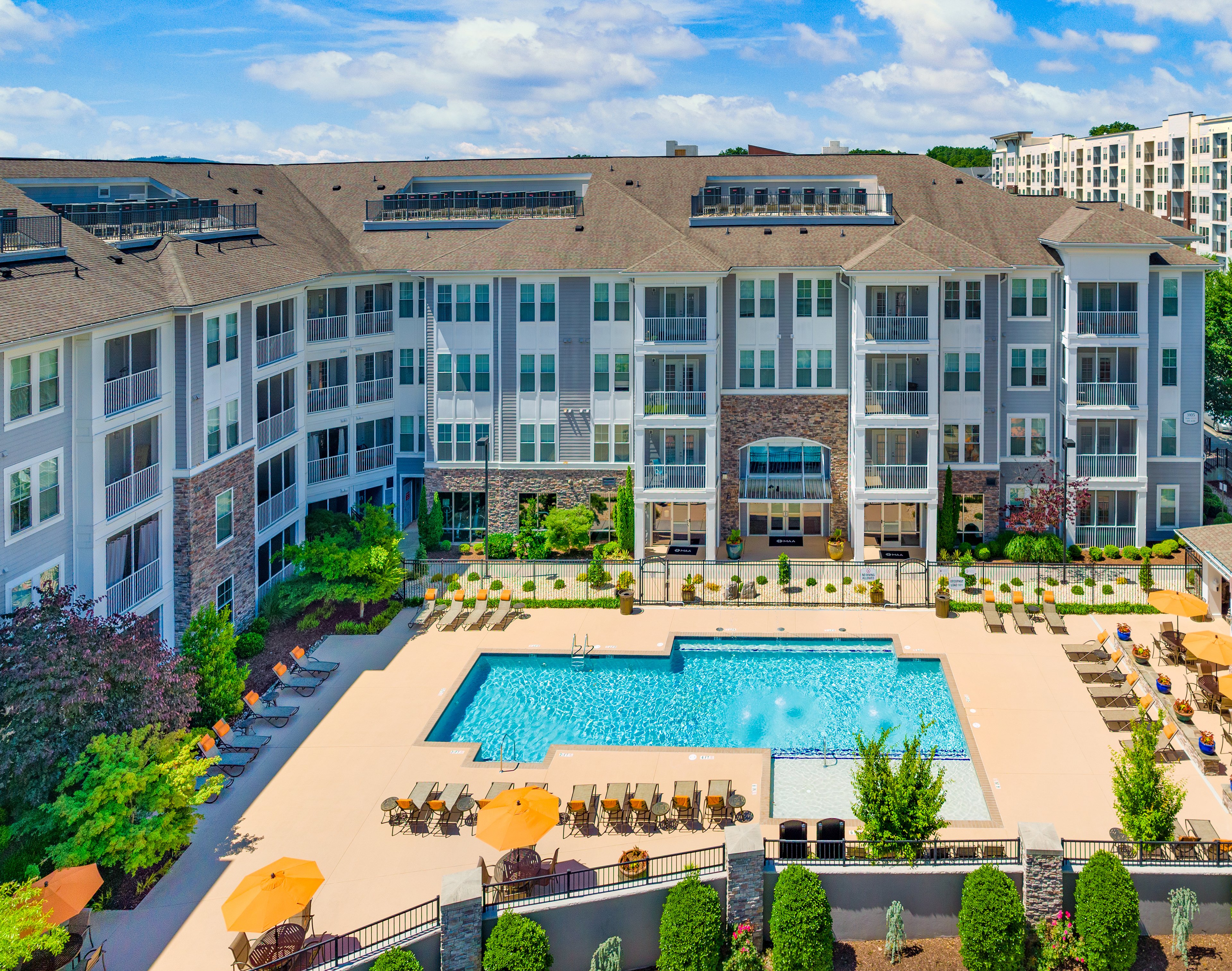 Aerial Pool View at Stonefield Commons in Charlotteville, VA
