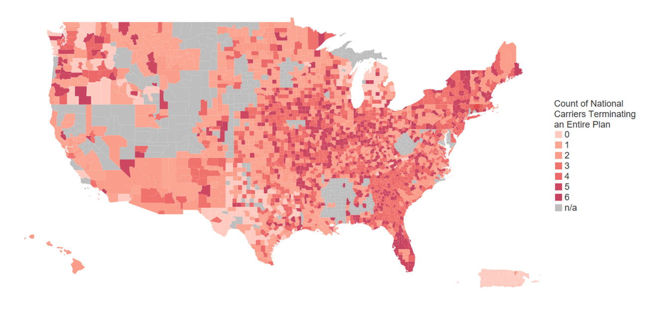 Figure 3: Counties where national carriers fully terminated at least one 2024 plan for 2025 AEP