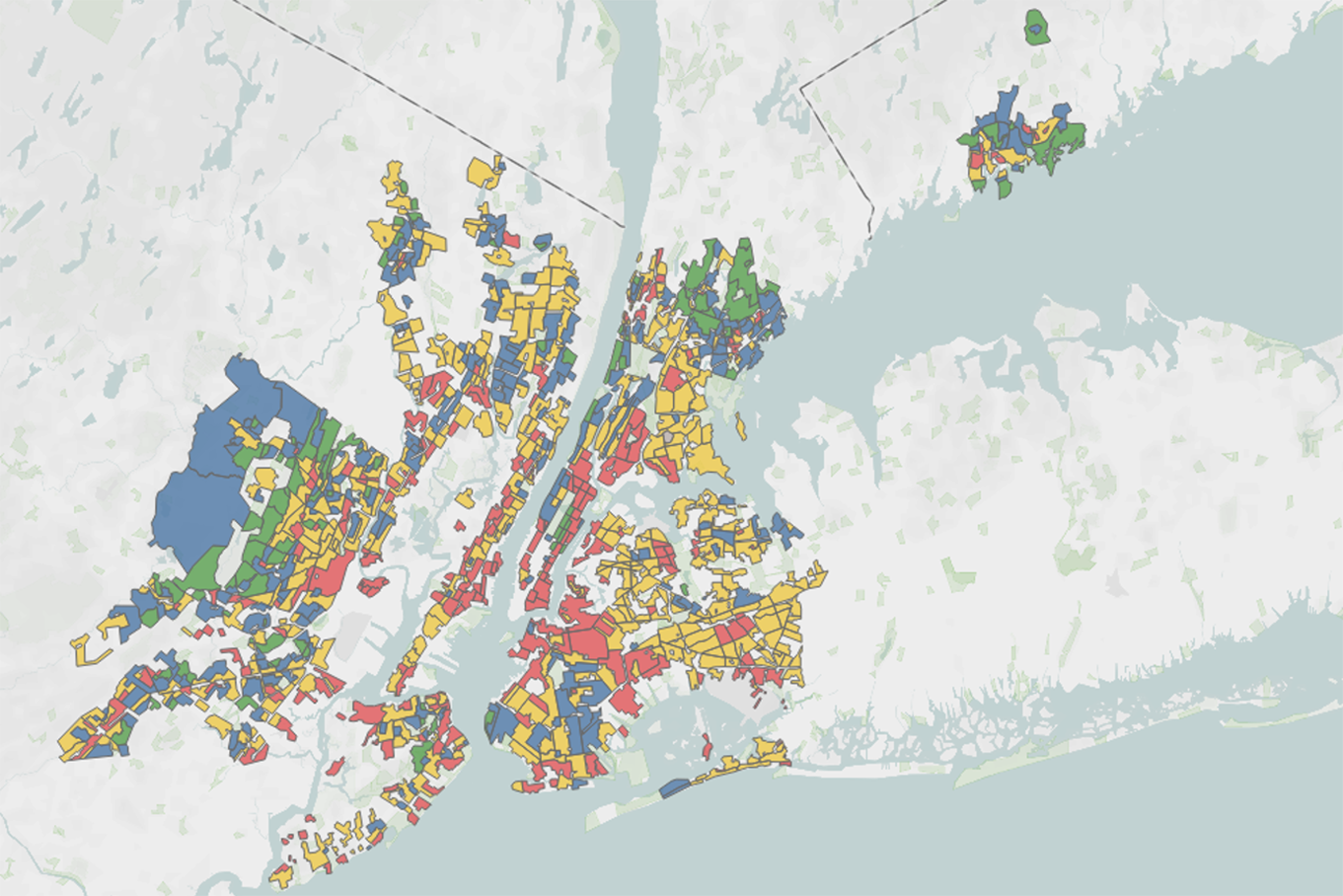 Figure 1: Example of HOLC categories applied to neighborhoods in New Jersey and New York state