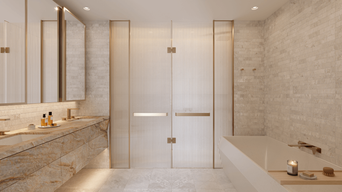 A modern bathroom featuring a marble vanity, glass shower doors, and a freestanding bathtub, with neutral stone walls and soft lighting.