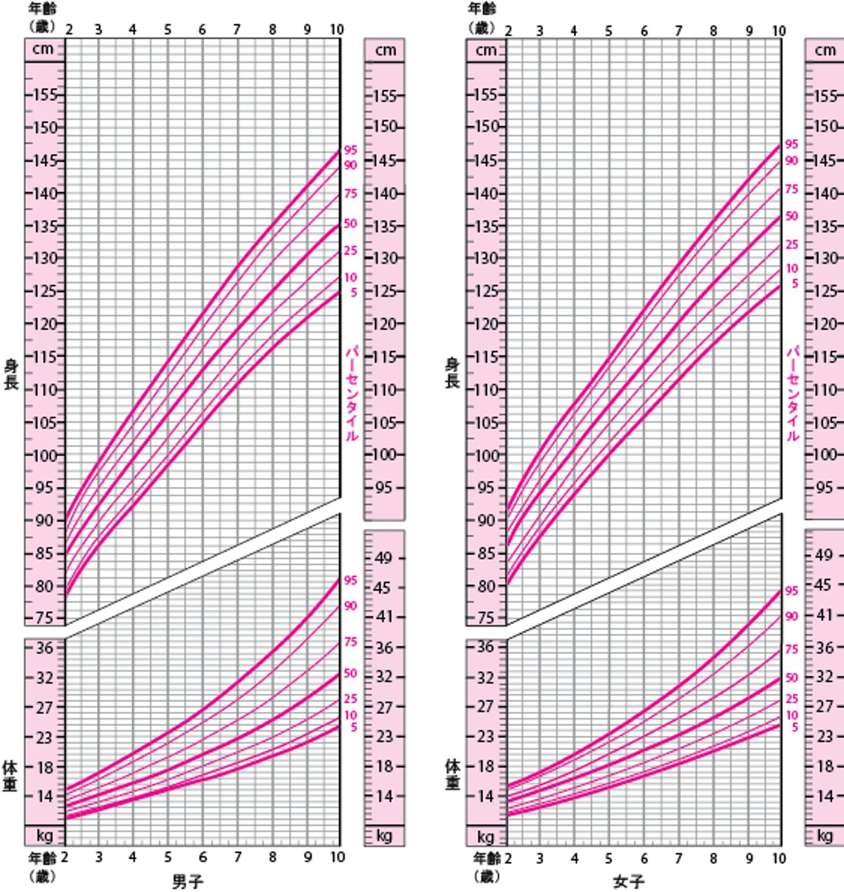 男児と女児の身長・体重チャート（2歳から10歳まで）