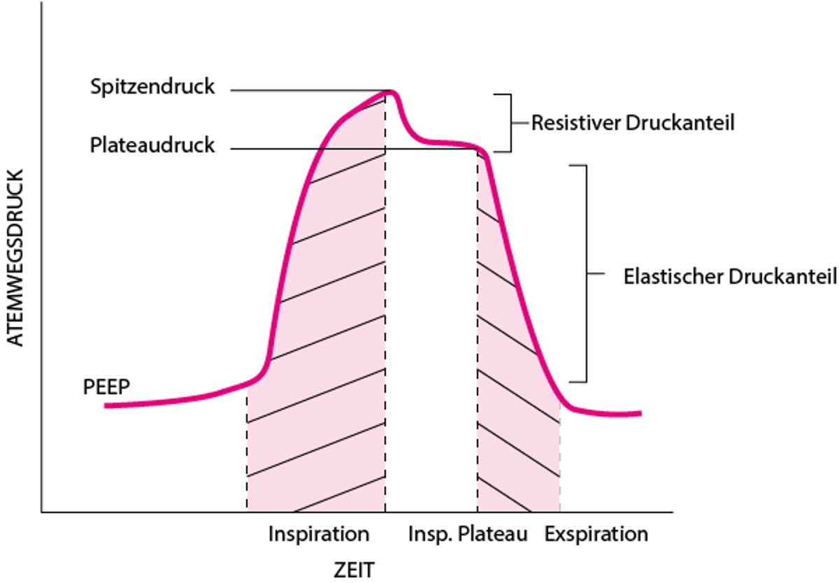 Komponenten des Atemwegsdrucks bei mechanischer Ventilation; dargestellt für einen Atemzug mit inspiratorischem Plateau (inspiratory hold)