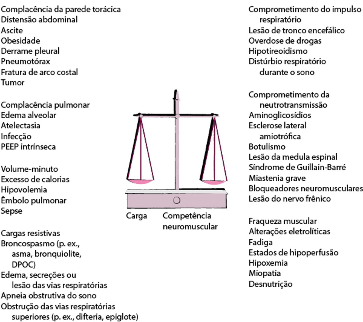 Equilíbrio entre carga (resistiva, elástica e ventilação minuto) e competência neuromuscular (impulso, transmissão e força muscular) determina a capacidade de sustentar a ventilação alveolar
