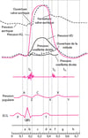 Diagramme du cycle cardiaque, montrant les courbes de pression dans les cavités cardiaques, les bruits cardiaques, l'onde de pression jugulaire et l'ECG