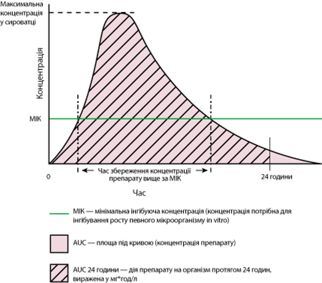 Залежність концентрації від часу після одноразового застосування теоретичного антибіотика