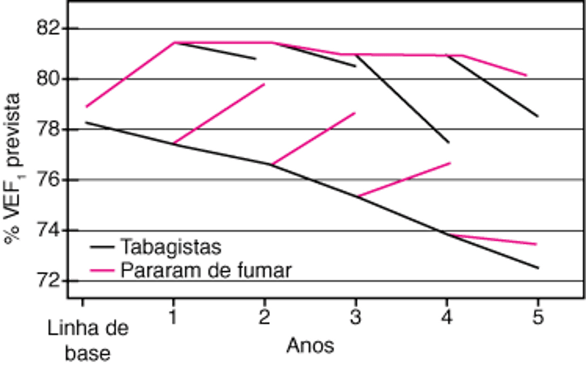 Alterações na função pulmonar (porcentagem prevista de VEF1) em pacientes que param de fumar em comparação com aqueles que continuam