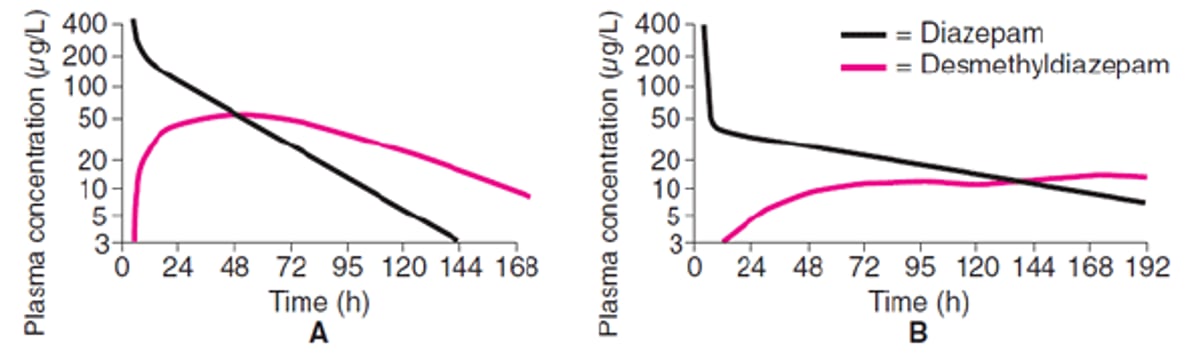 Порівняння фармакокінетичних результатів для діазепаму у молодого чоловіка (A) і чоловіка похилого віку (B)