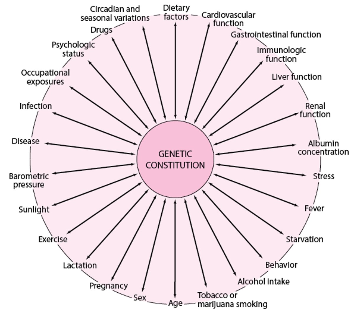 Genetic, environmental, and developmental factors that can interact, causing variations in drug response among patients