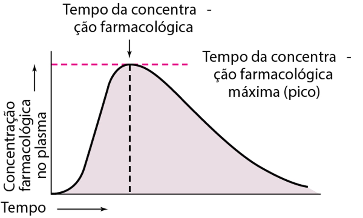 Relação representativa entre concentração plasmática e tempo após uma dose oral única de um fármaco hipotético
