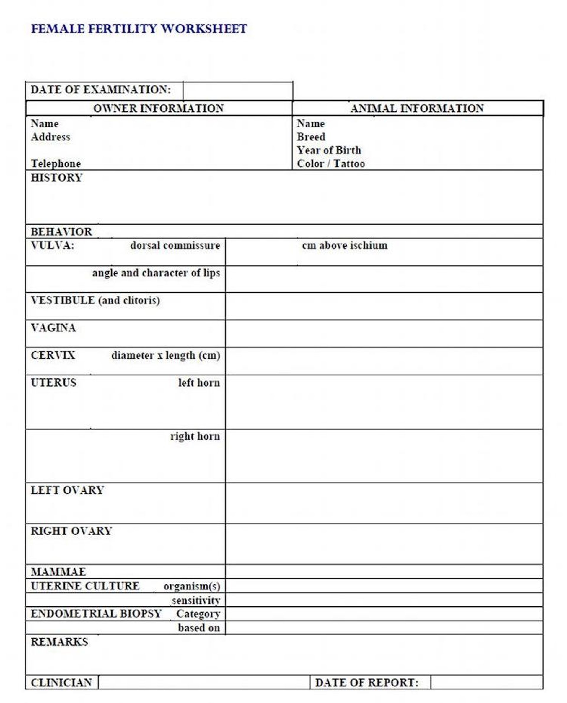 Female fertility worksheet (mare)