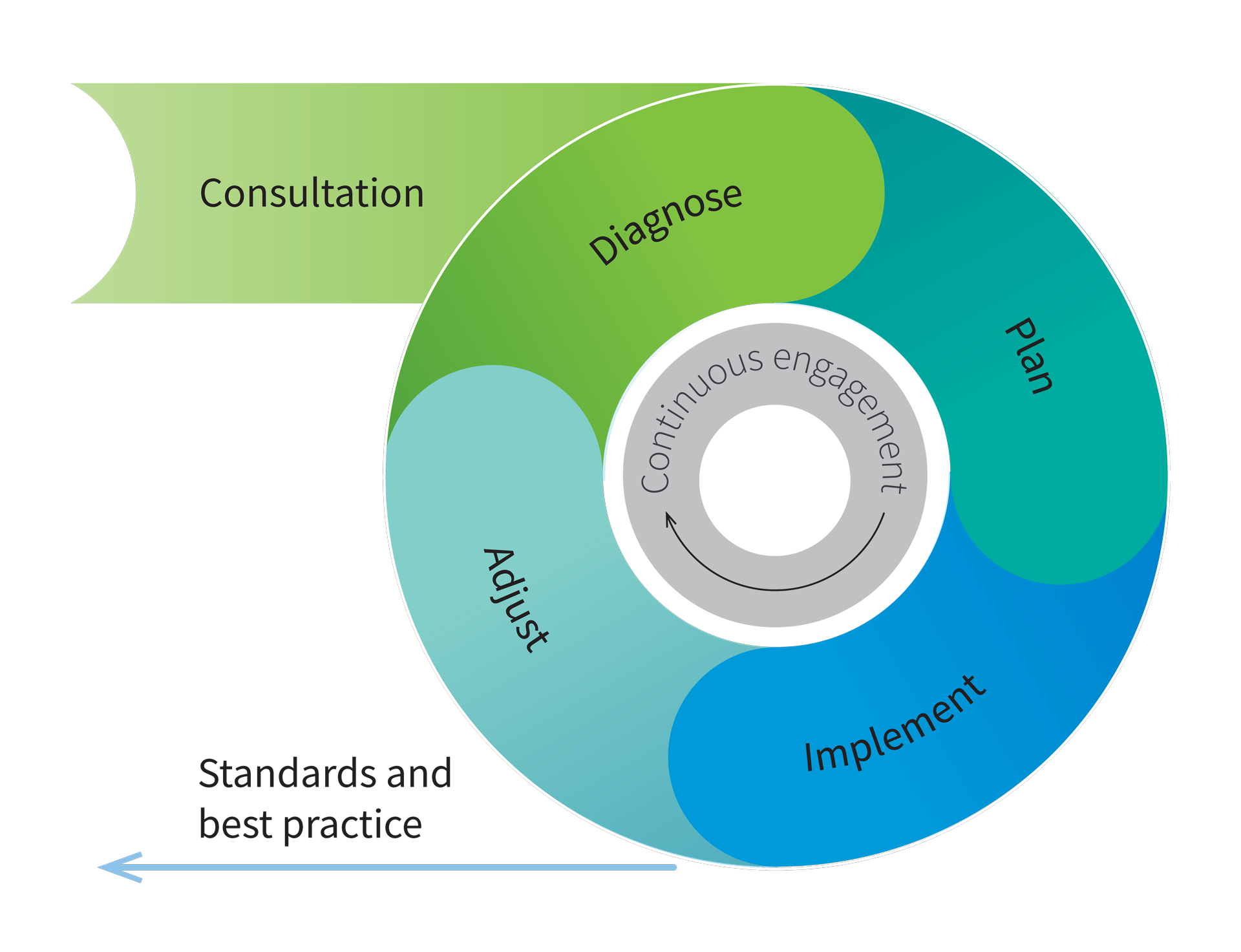 Consultation, Continuous engagement (diagnose, plan, implement, adjust), Standards and best practice
