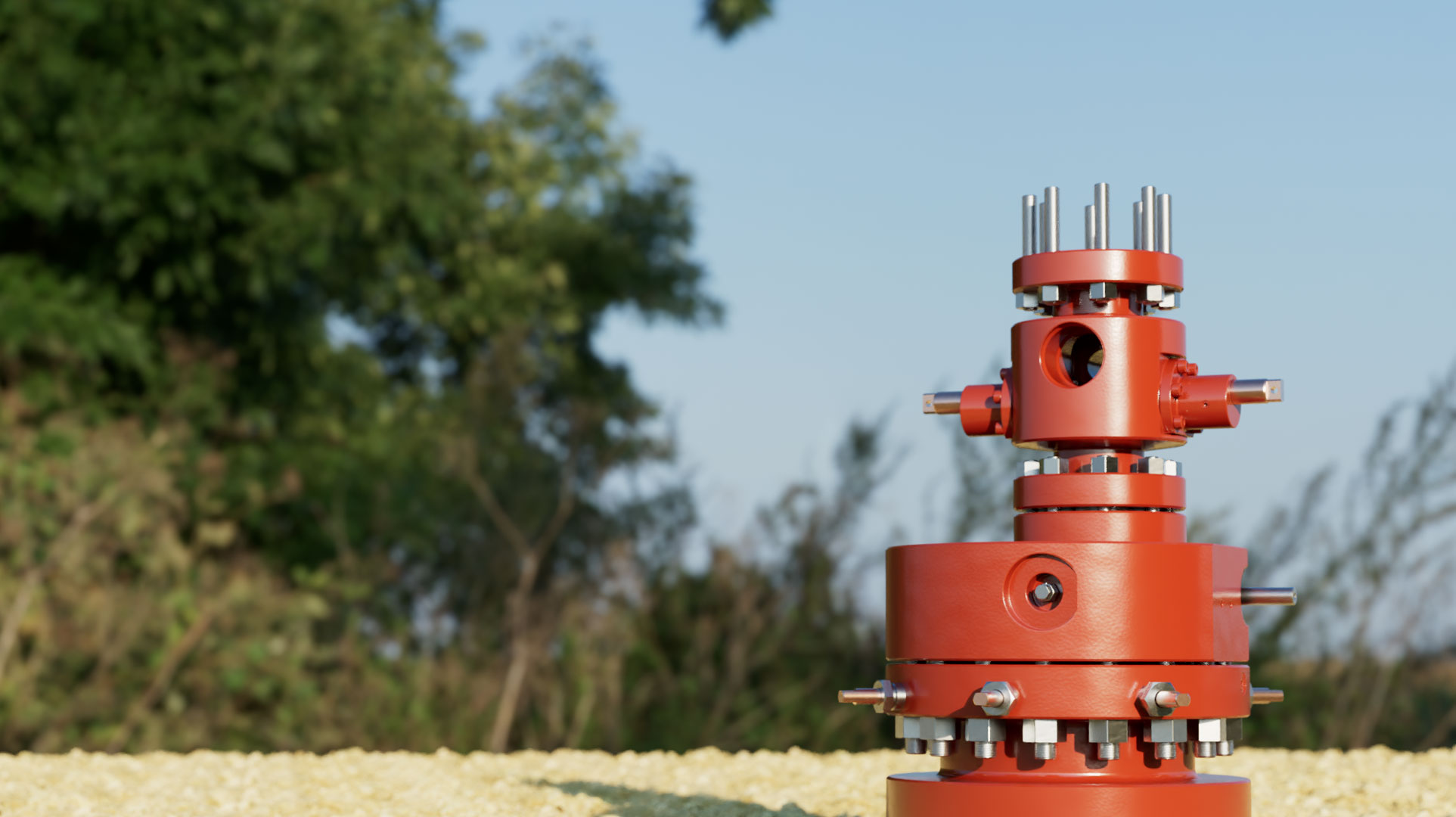 Render of a red tubing rotator outside, with a bush in the background