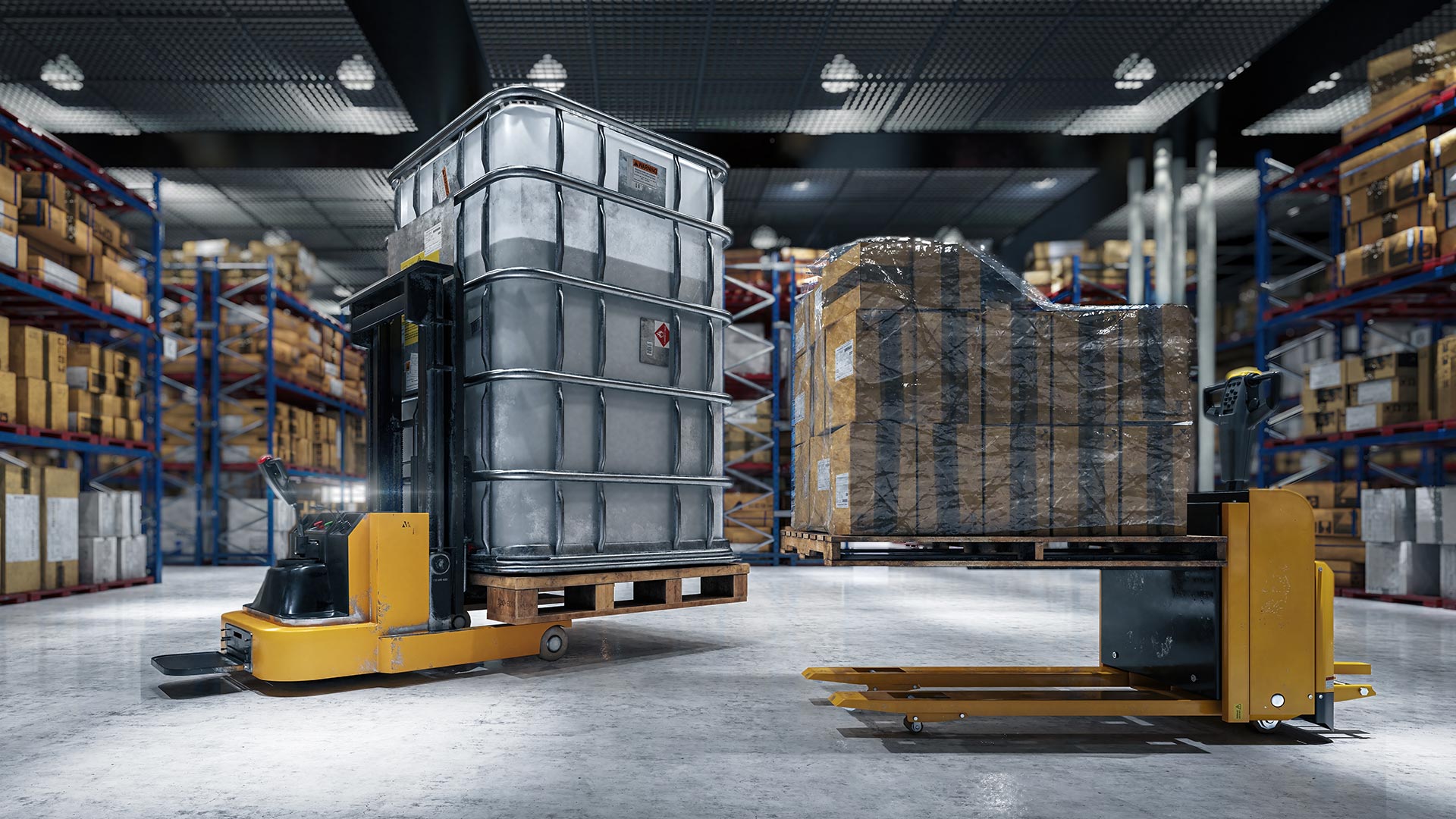 Forklifts class 2 & 3 with pallet tank and boxes inside a large warehouse
