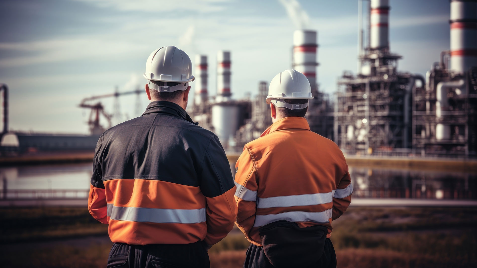 two men with hard hats surveying a refinery