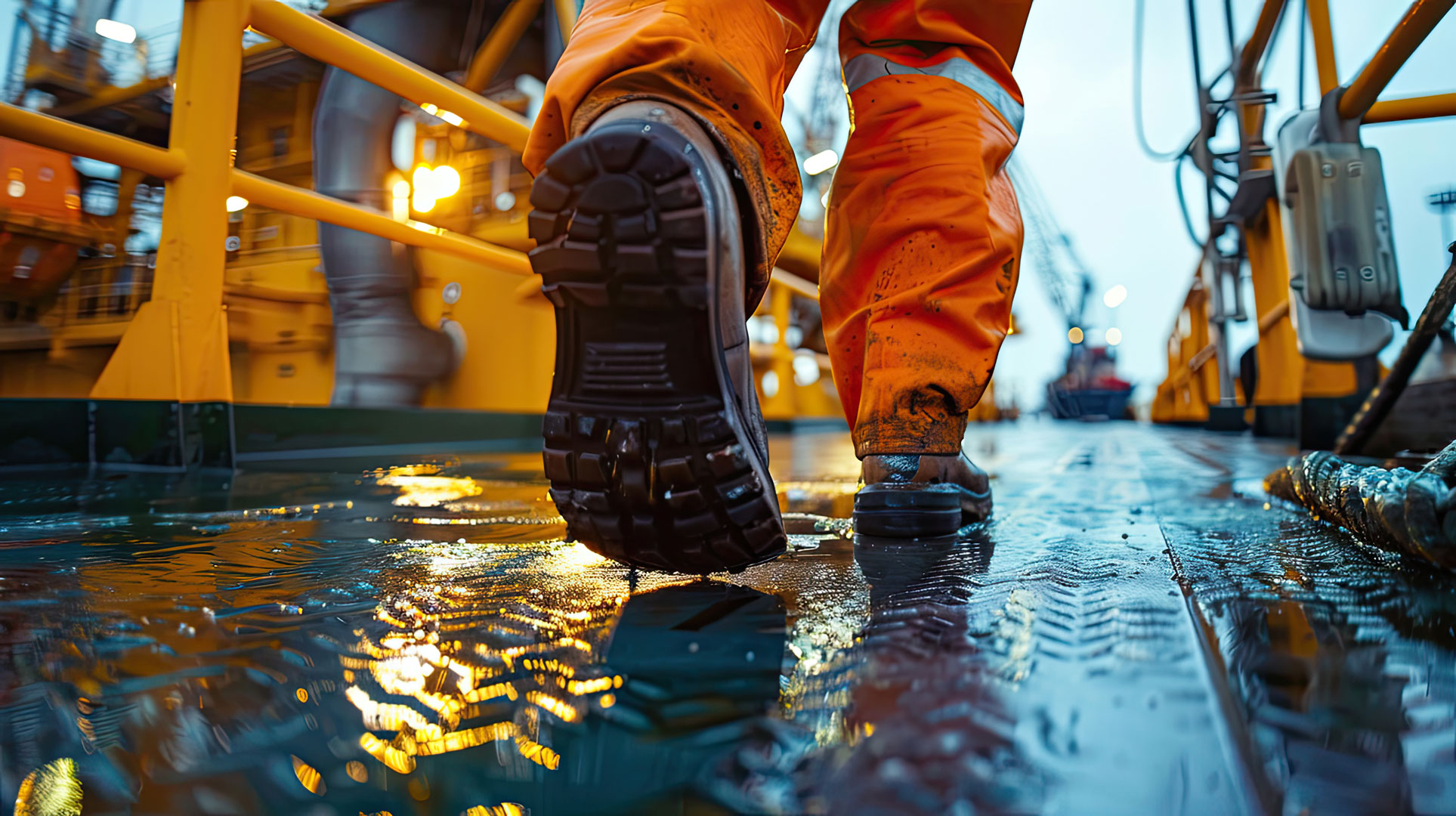 Close up of Offshore oil rig worker walks to an oil and gas facility to work in the process.