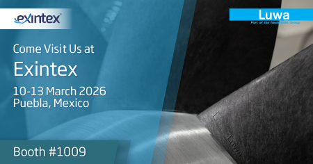 Promotional banner for Luwa Air Engineering at Exintex 2026 in Puebla, Mexico (March 10–13, 2026), highlighting textile air engineering solutions, the B800CF Carbon Axial Flow Fan with carbon fiber blades, digital monitoring systems, and Booth 1009 information.