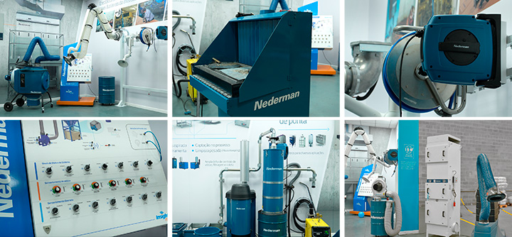 Os visitantes podem ver funcionar em tempo real e até testar nossos: • Braços extratores; • Sistemas centralizados de alto vácuo; • Enroladores de cabos e mangueiras; • Filtros; • Exaustores; • Automações. | Saiba mais | Nederman