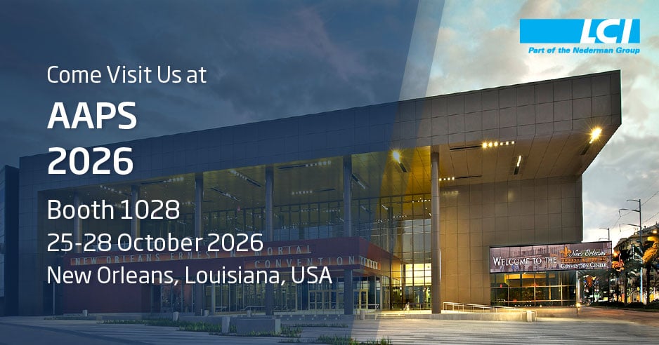 LCI Corporation pharmaceutical processing solutions for continuous wet granulation, drug pelleting, extrusion, spheronization, feeding, drying and evaporation at AAPS PharmSci 360 2026, Booth 1028.