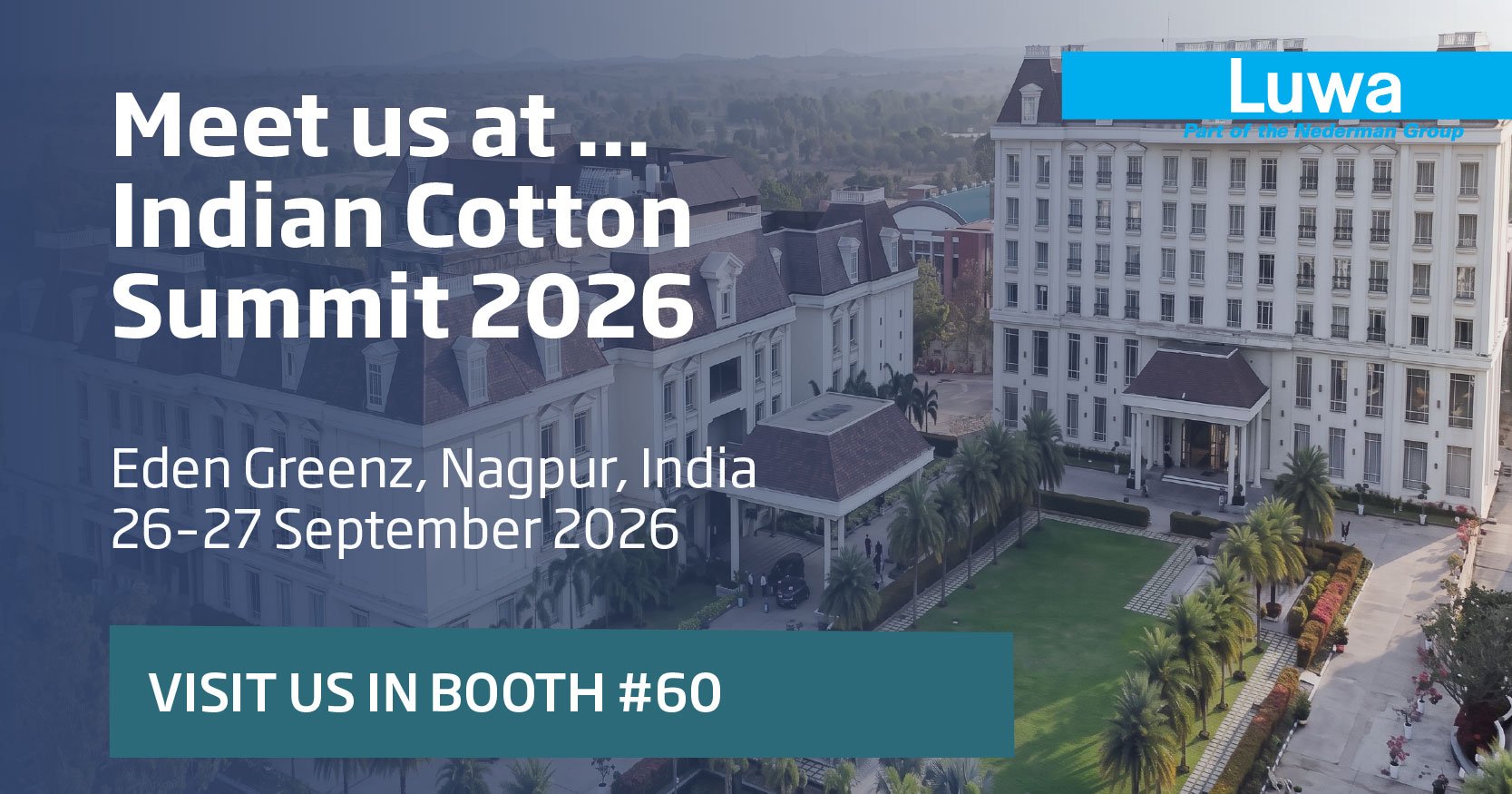 Luwa Air Engineering booth at Indian Cotton Summit 2026 featuring air engineering solutions for spinning mills