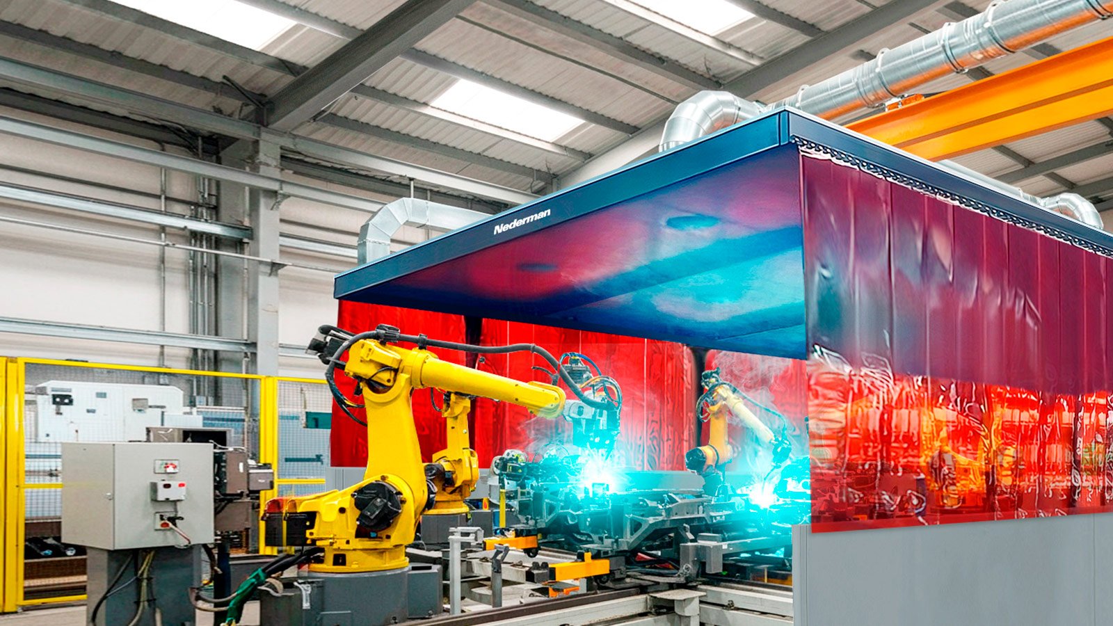 Coifa suspensas Nederman Existem casos, como a soldagem de grandes peças ou solda robotizada, em que a captação na fonte não pode ser implementada eficientemente. Essas aplicações podem ser atendidas com a instalação de coifas exaustoras colocadas acima do ponto de solda.