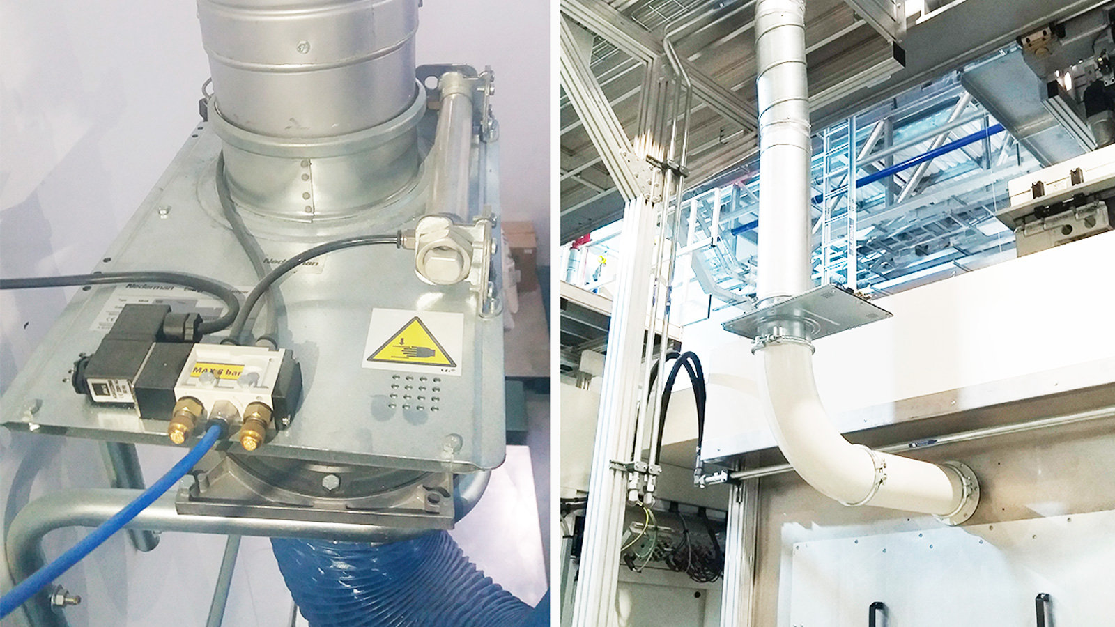 Válvulas borboleta, dampers automáticos e silos de descarga integram-se aos dutos para automatizar o processo de coleta e disposição de resíduos sólidos. | Saiba mais | Nederman
