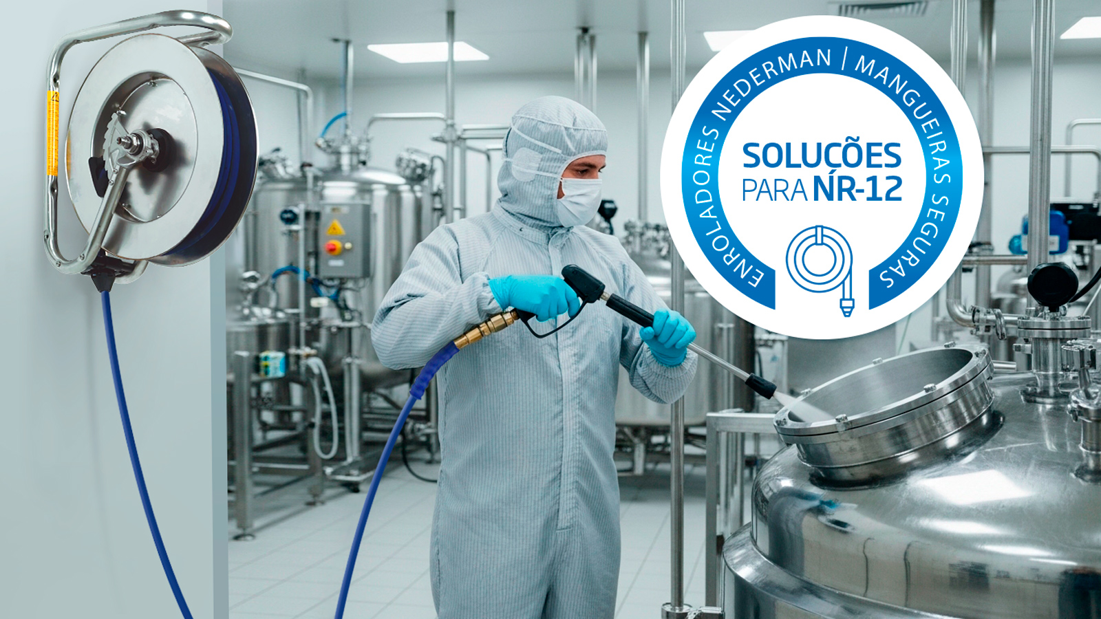 Quanta à legislação não há a citação específica do termo enrolador de mangueira industrial, no entanto, a necessidade do seu uso fica subentendida na NR-12 | Saiba mais | Nederman