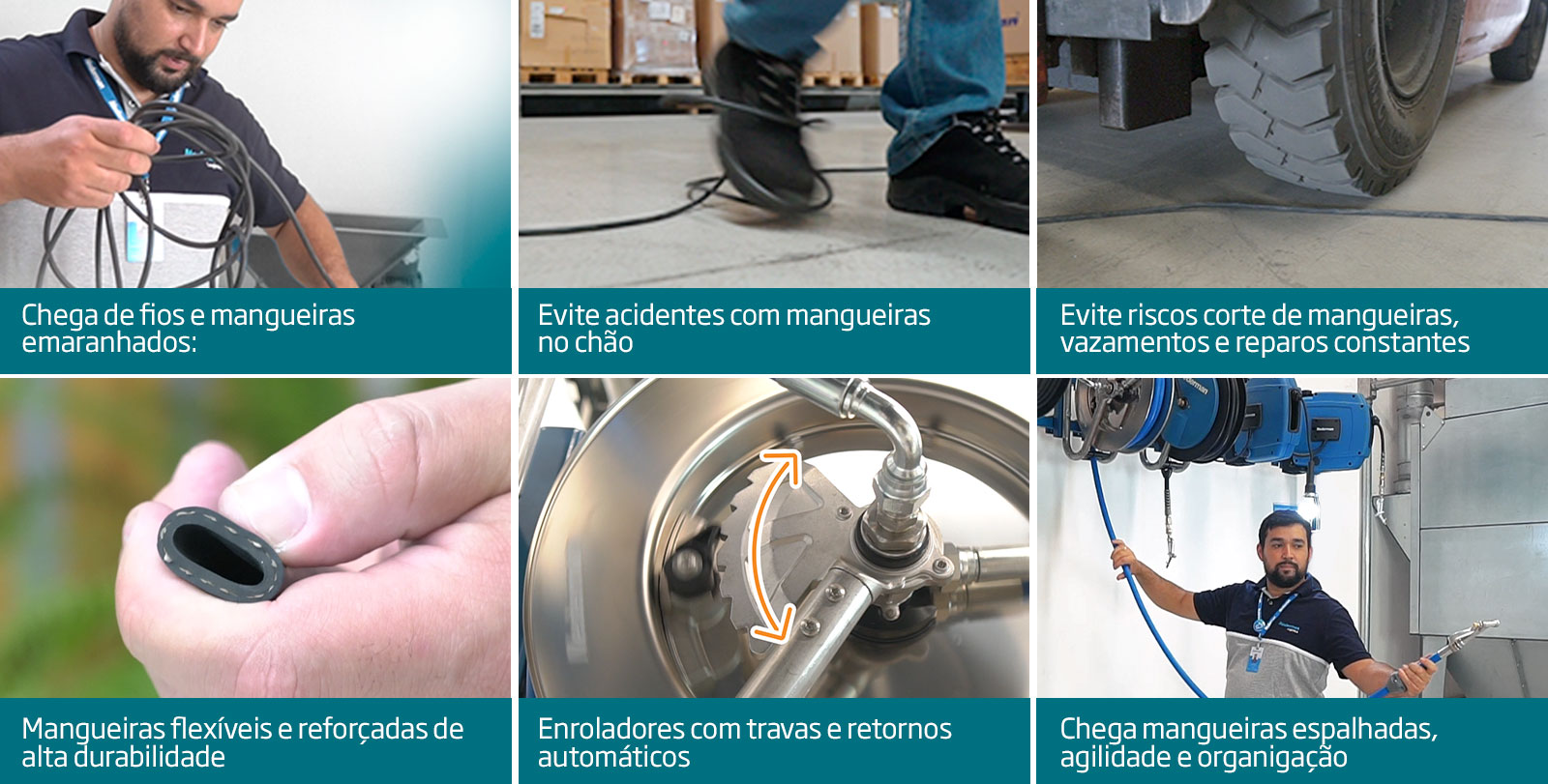 A organização é um dos maiores benefícios do enrolador de mangueira industrial. Ele evita que mangueiras fiquem espalhadas pelo chão ou dobradas. | Saiba mais | Nederman