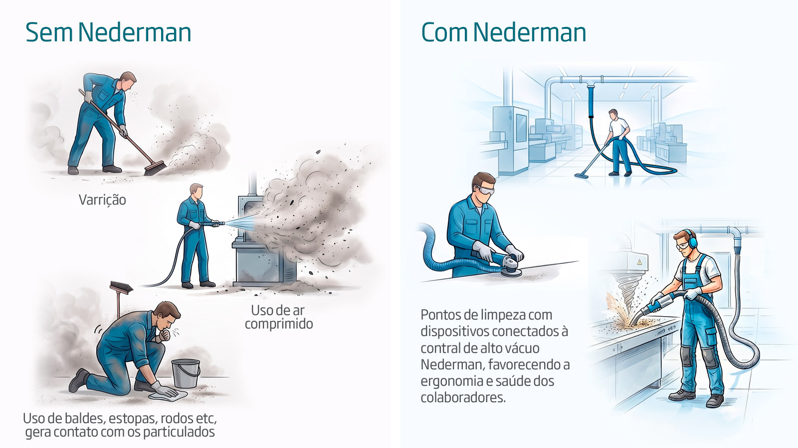 Varrição, baldes e panos não oferecem ergonomia nem eficiência na limpeza industrial. Além do tempo desperdiçado, esses métodos podem dispersar os poluentes no ar e aumentar o contato direto dos colaboradores com os resíduos.  Com o sistema de alto vácuo Nederman, sua indústria conta com pontos de limpeza estrategicamente distribuídos e conectados a uma central de alto vácuo, proporcionando mais agilidade, ergonomia e proteção à saúde dos colaboradores.