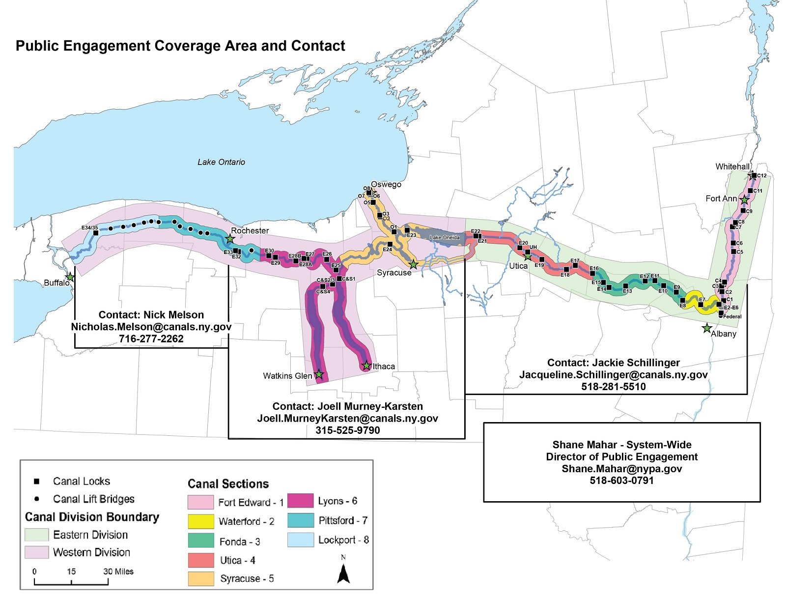 A map of New York State displays the coverage area of public engagement for the canal system. Various colored sections indicate different divisions and canal sections. Contact information for public engagement representatives is provided for different regions.