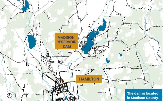 A map view of Madison County which shows where the Madison Reservoir Dam is.