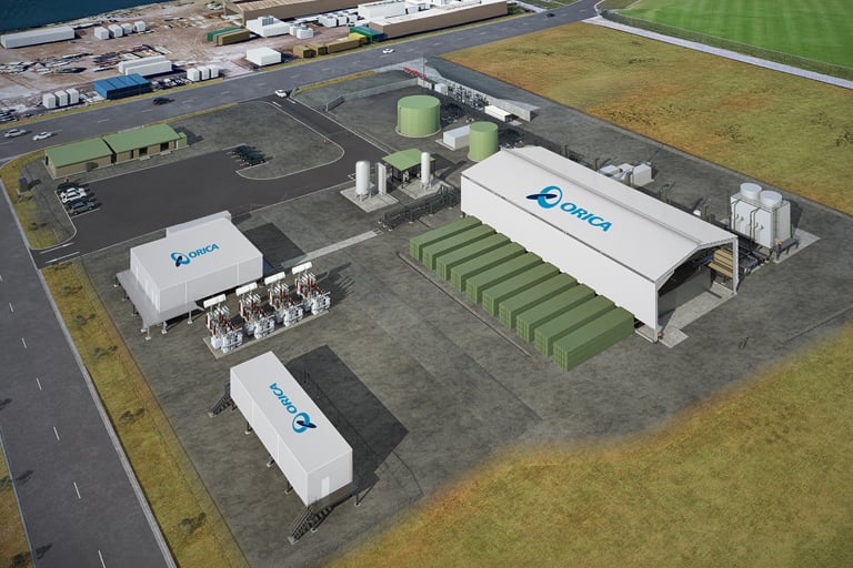 Rendered aerial view of the Orica hydrogen facility beside the ocean.