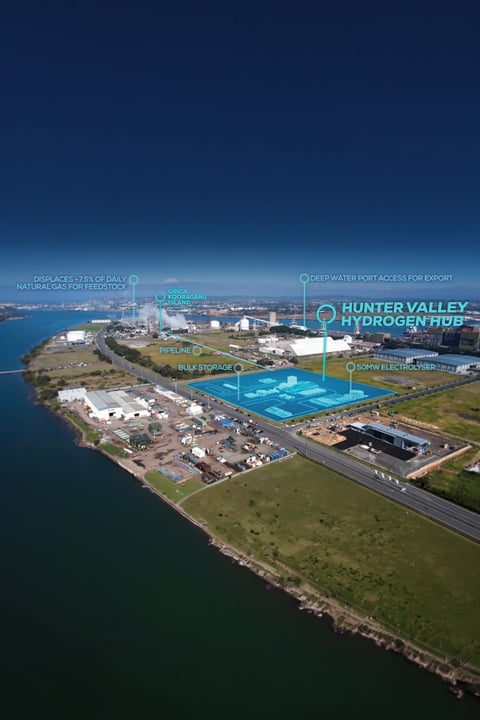 Aerial view of an industrial waterfront site with overlaid graphics illustrating the Hunter Valley Hydrogen Hub