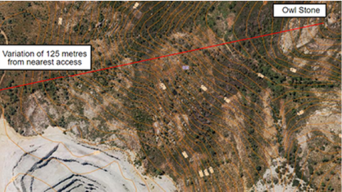 An aerial view of the elevation difference between access and the owl stone