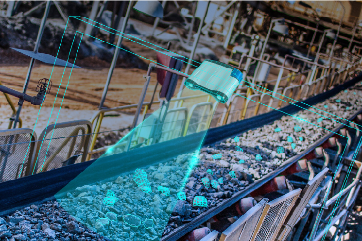 A conveyor belt filled with rock fragments with a digital overlay showing the FRAGTrack™ Conveyor scanning the fragments.
