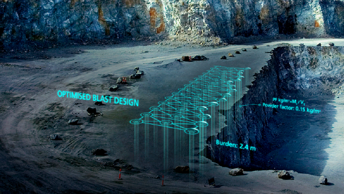 A mine site with a digital overlay on the proposed blasting location showcasing how the SHOTPlus™ software can aid ion blast design and optimisation.