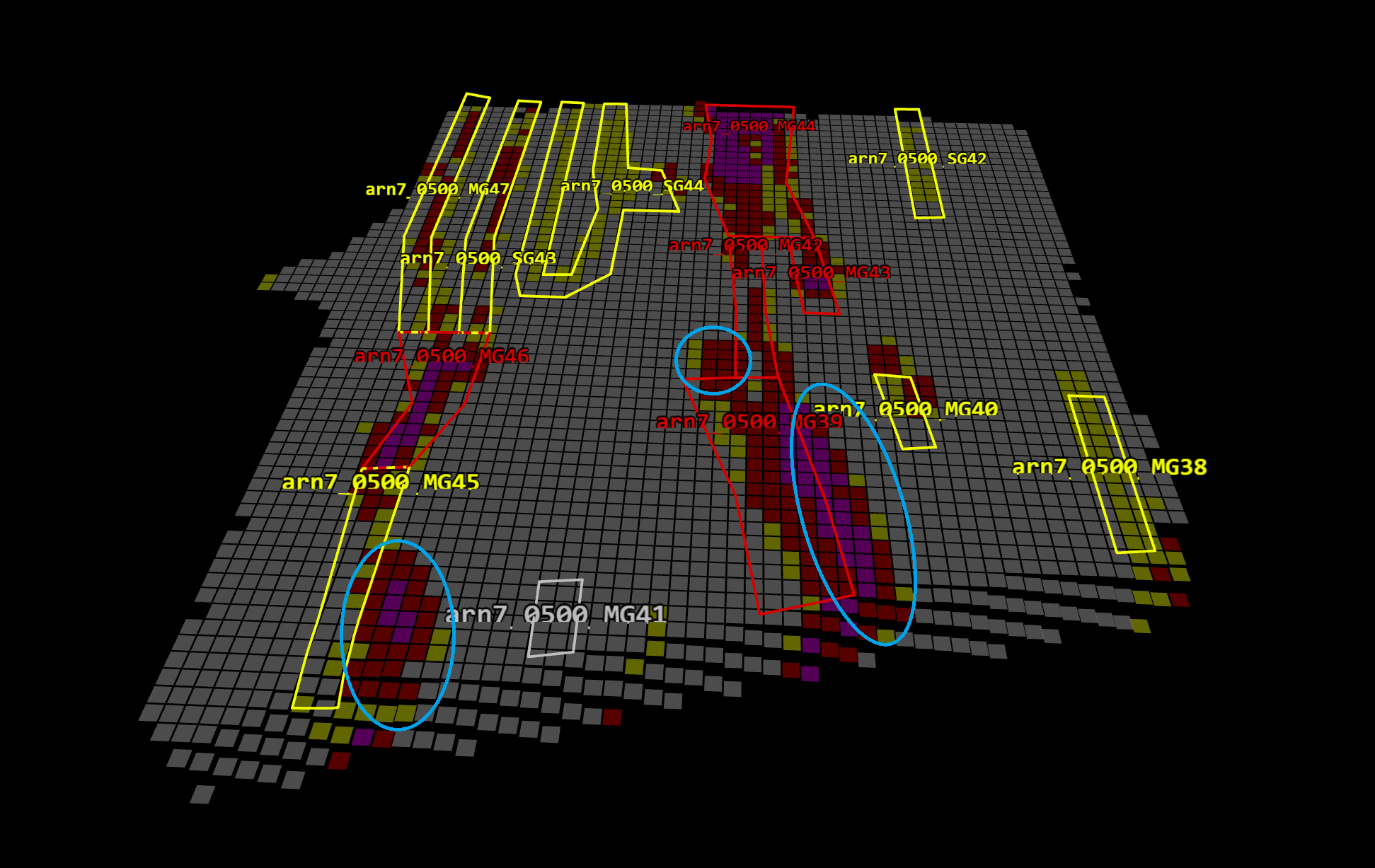 Ore block polygons generated manually from pre-blast grade control models. The blue circles indicate where ore may be left behind without accounting for blast movement