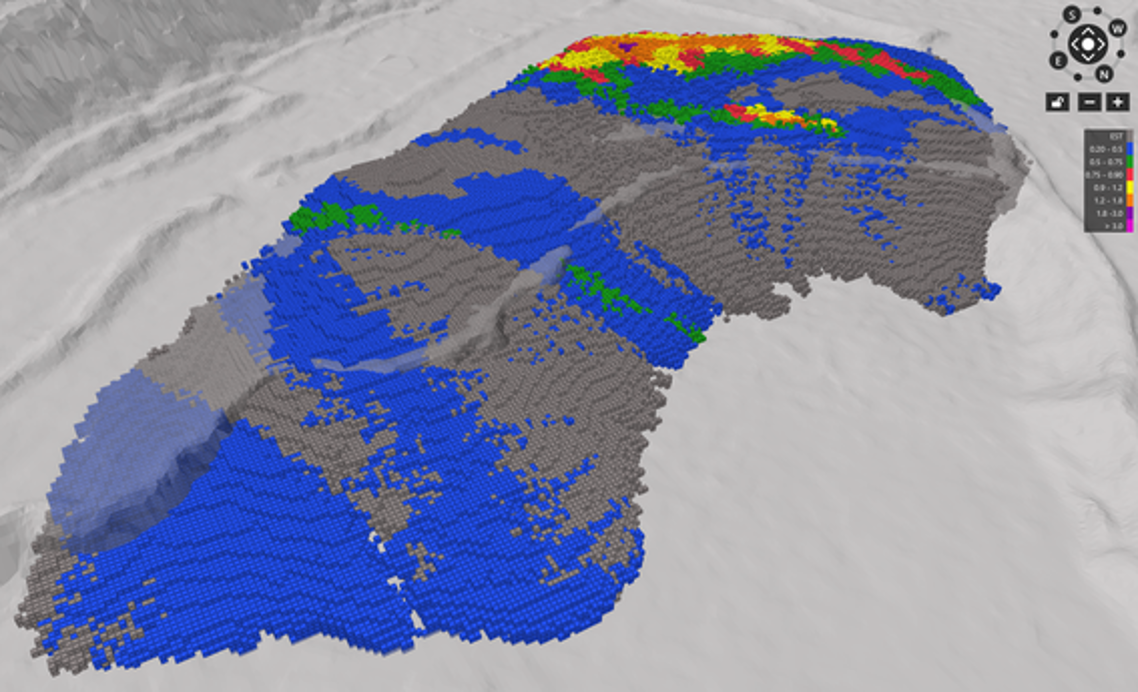 The user interface of OREPro Predict showing the outcome of the blast simulation