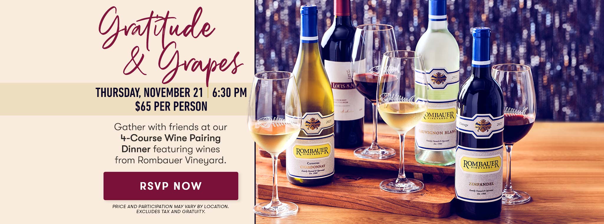 Gratitude & Grapes! Join us for our 4-Course Wine Pairing Dinner on Nov 21