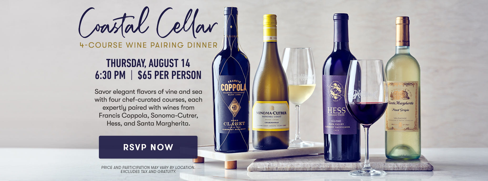 Coastal Cellar | 4 Course Wine Pairing | Thursday August 14 | 6:30 PM
