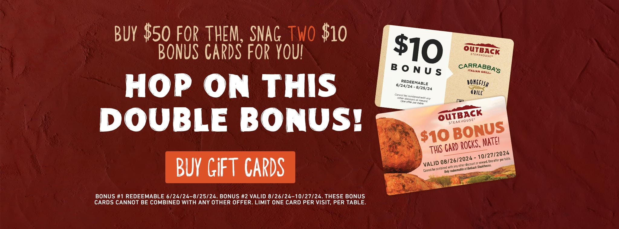 Buy $50 For Them, Snag TWO $10 Bonus For You! Hop On This Double Bonus! BUY GIFT CARDS