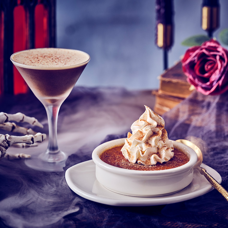 THE FINAL SPELL PUMPKIN CRÈME BRÛLÉE A sinfully sweet finale. Creamy house-made pumpkin custard beneath a crackling caramelized sugar crust, finished with whipped cream. PUMPKIN ESPRESSO MARTINI A spellbinding blend of Patrón Silver tequila, Kahlúa, pumpkin and espresso, finished with a dusting of cinnamon. The pumpkin and espresso notes of this martini enhance the warm flavors of the pumpkin crème brûlée.