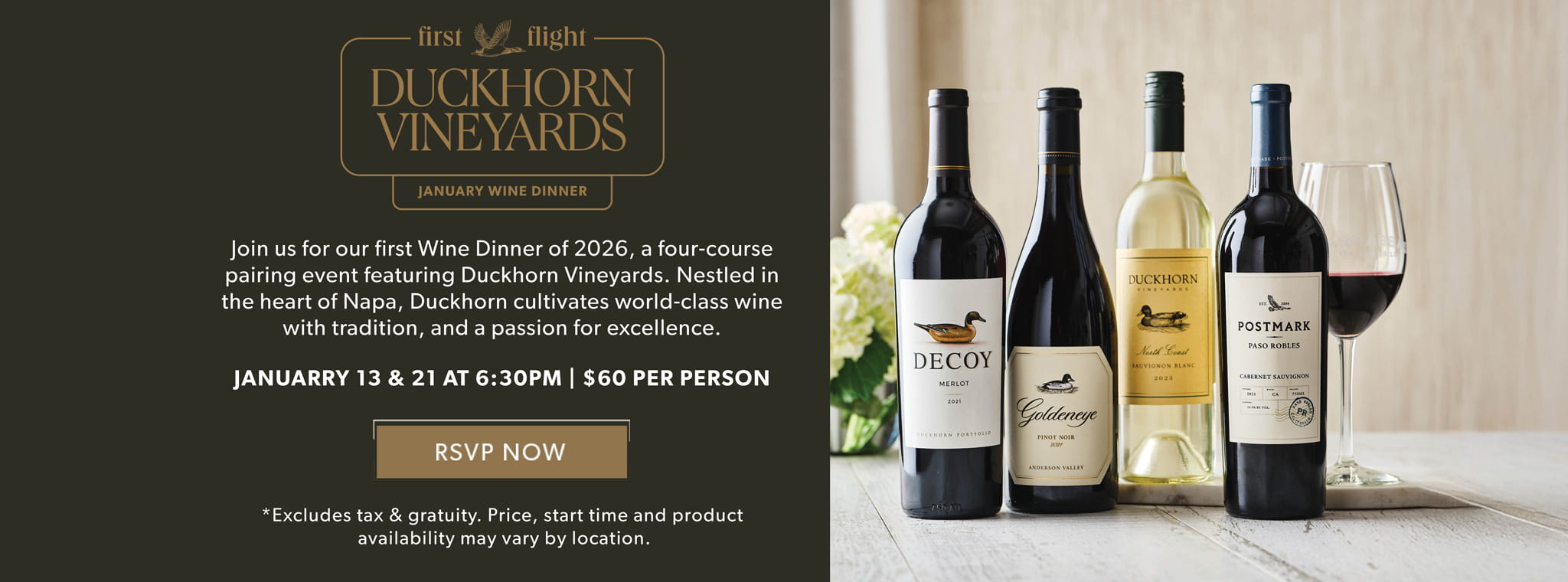 first flight Duckhorn Vineyards January Wine Dinner. RSVP NOW